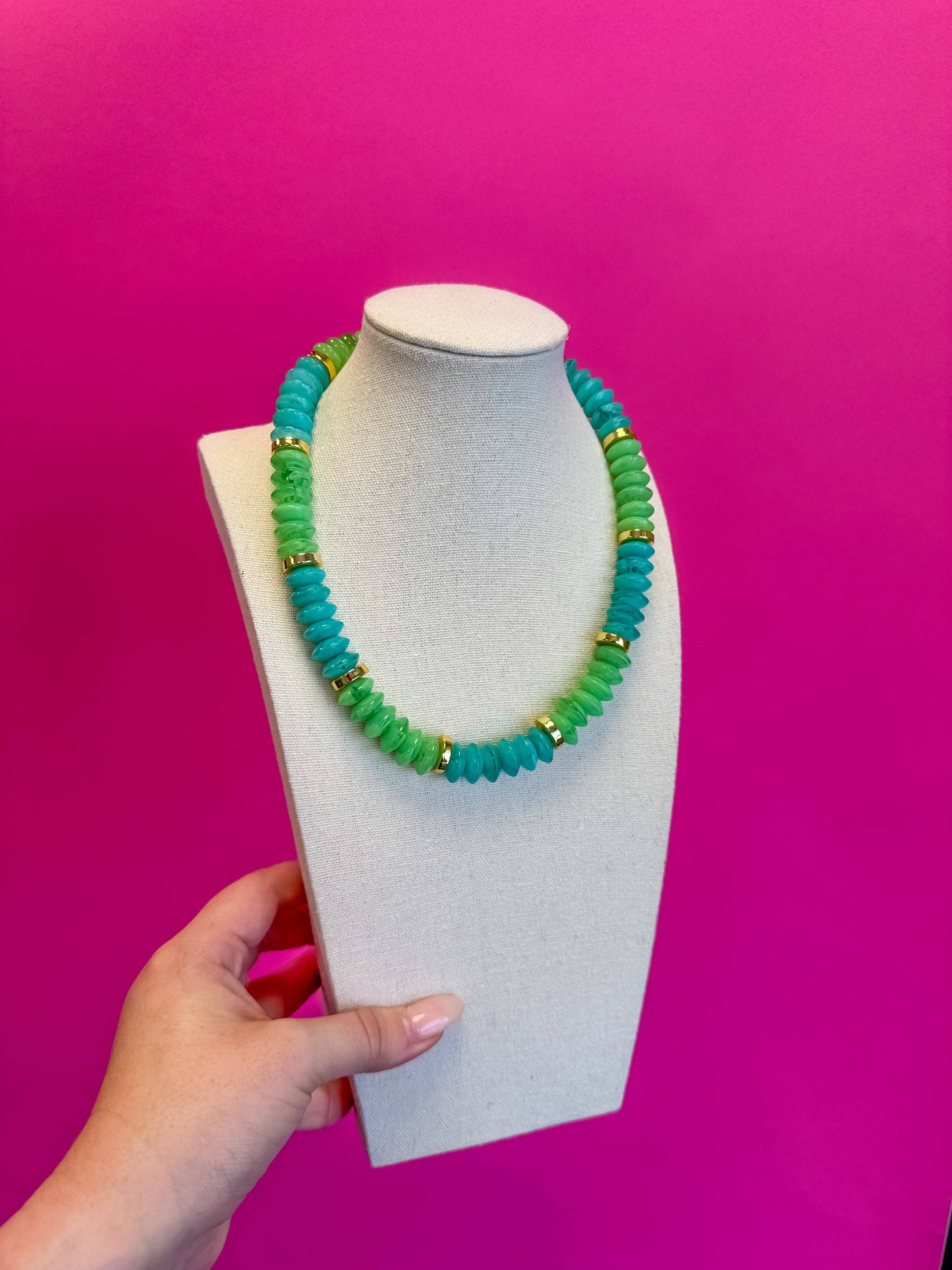 Colorful Chunky Bead with Gold Bead Necklace - Green