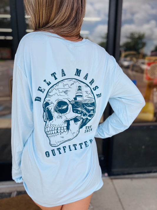 Delta Marsh Outfitters Skull Island Performance Shirt- Ice Blue