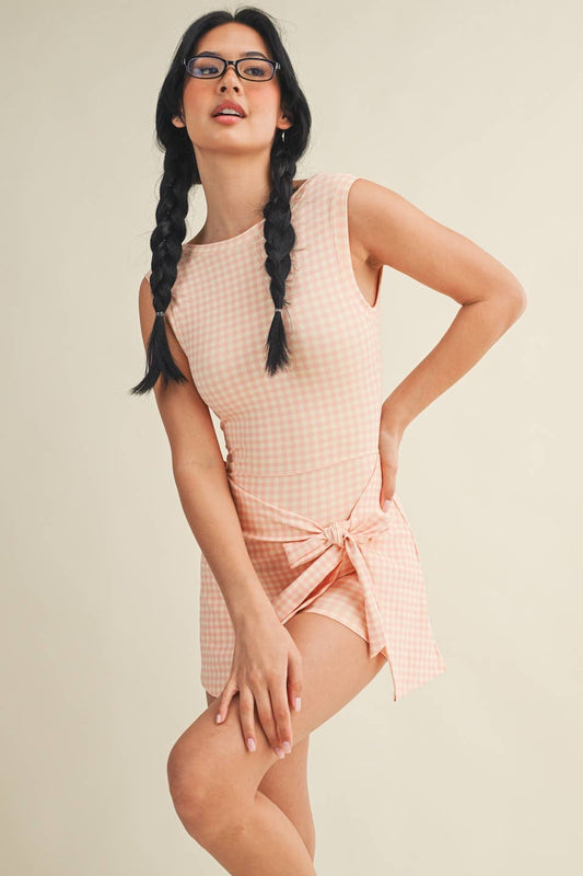 Gingham Print Sleeveless Wrap Tie Front Dress : Peach Gingham