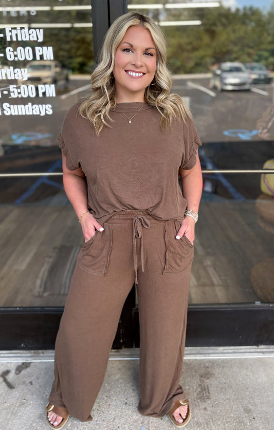 RIBBED ACID WASH RAYON TOP & PANTS SET- Brown- RTW-8600 eta 10/10