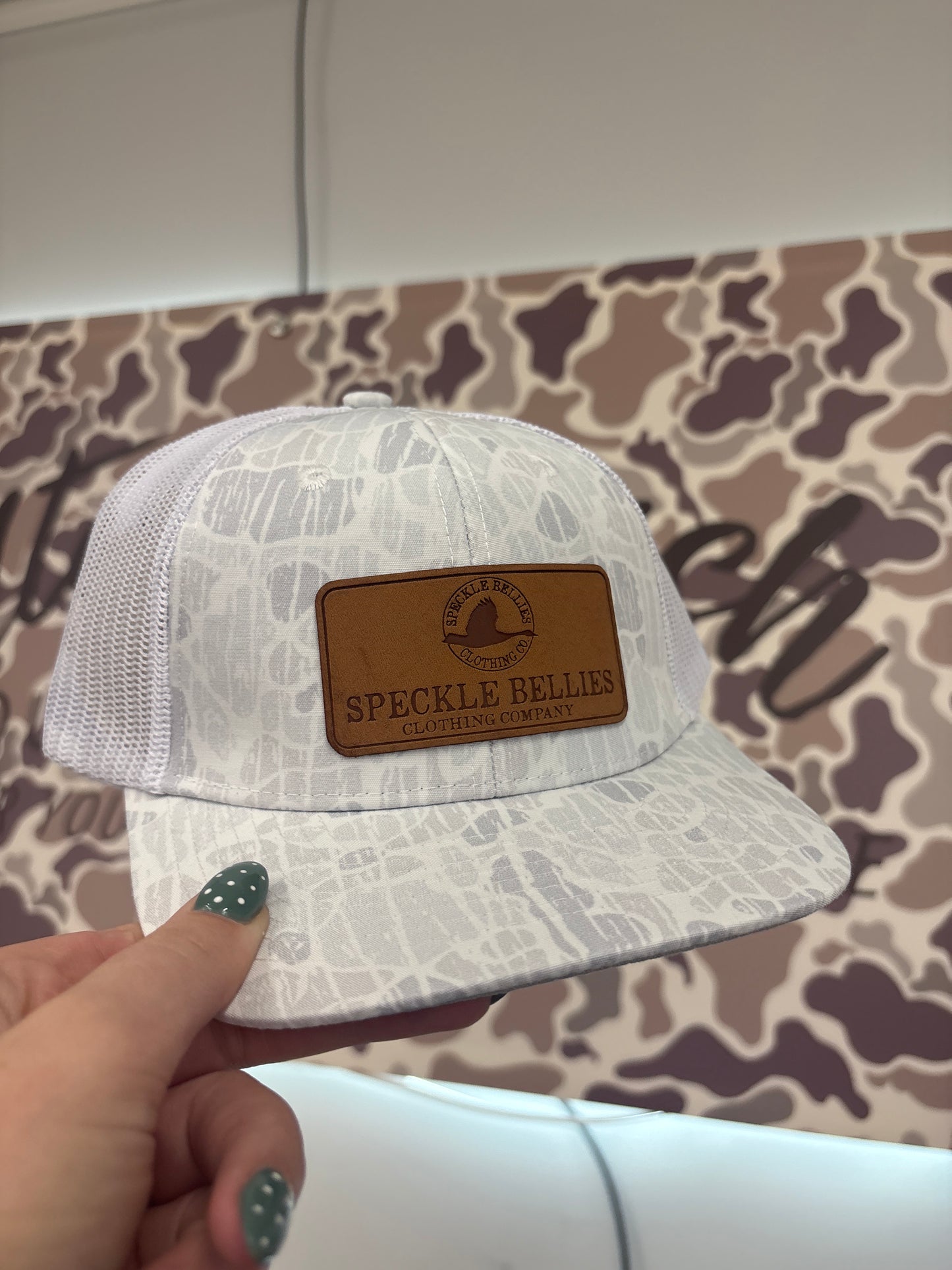 Speckle bellies Logo Rec Leather Patch 6 panel- ghost vein camo