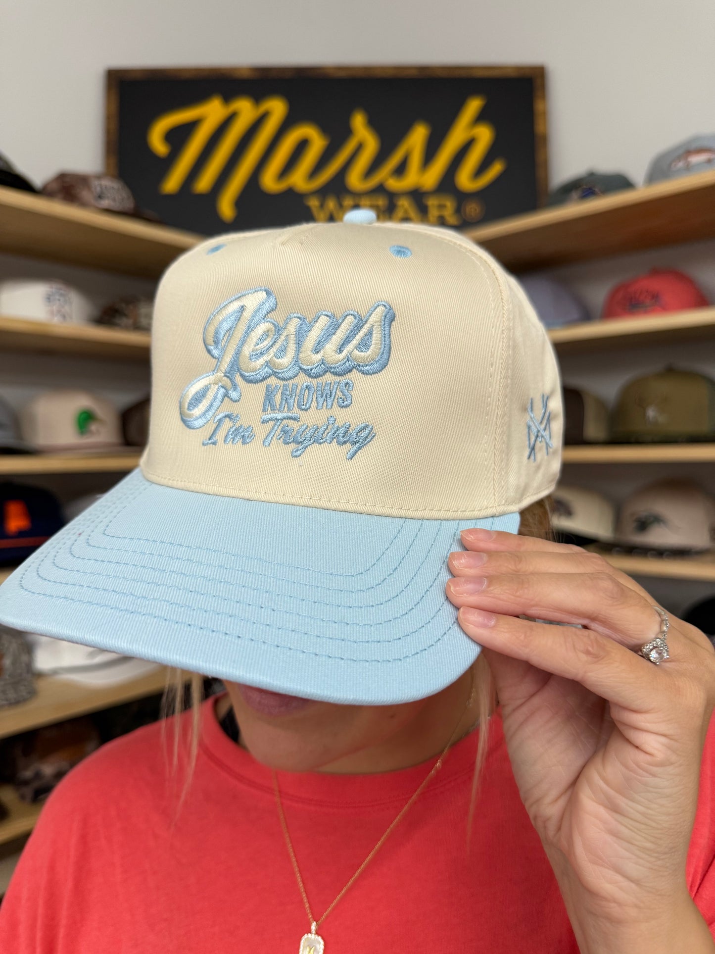 Jesus Knows I'm Trying Trucker Hat: Retro Powder Blue/Natural