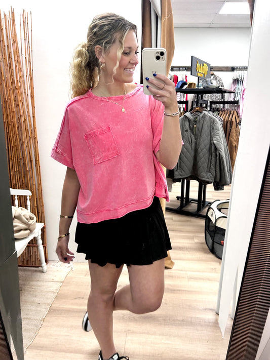 Acid Crinkle-Washed Oversized Crop Box Tee - Fuchsia - CTW-3389A5