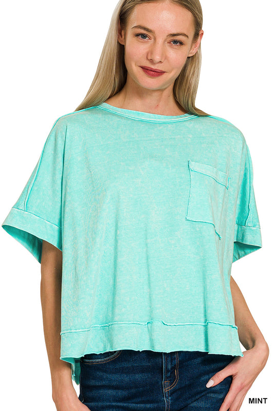 Halo Snow Washed Oversized Crop Box Tee -Mint - CTW- 3390A
