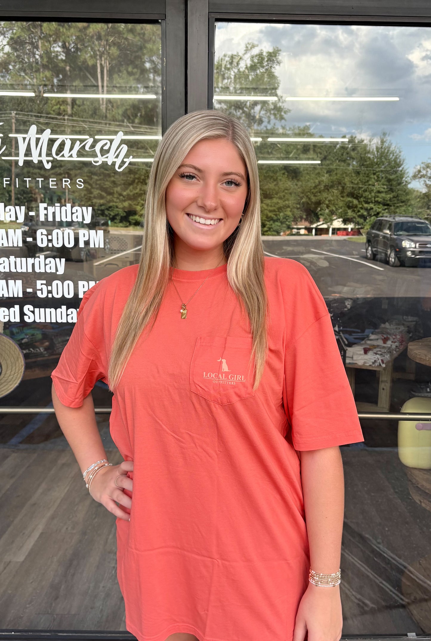 Local Girl Checkered Charm SS Tee - Bright Salmon