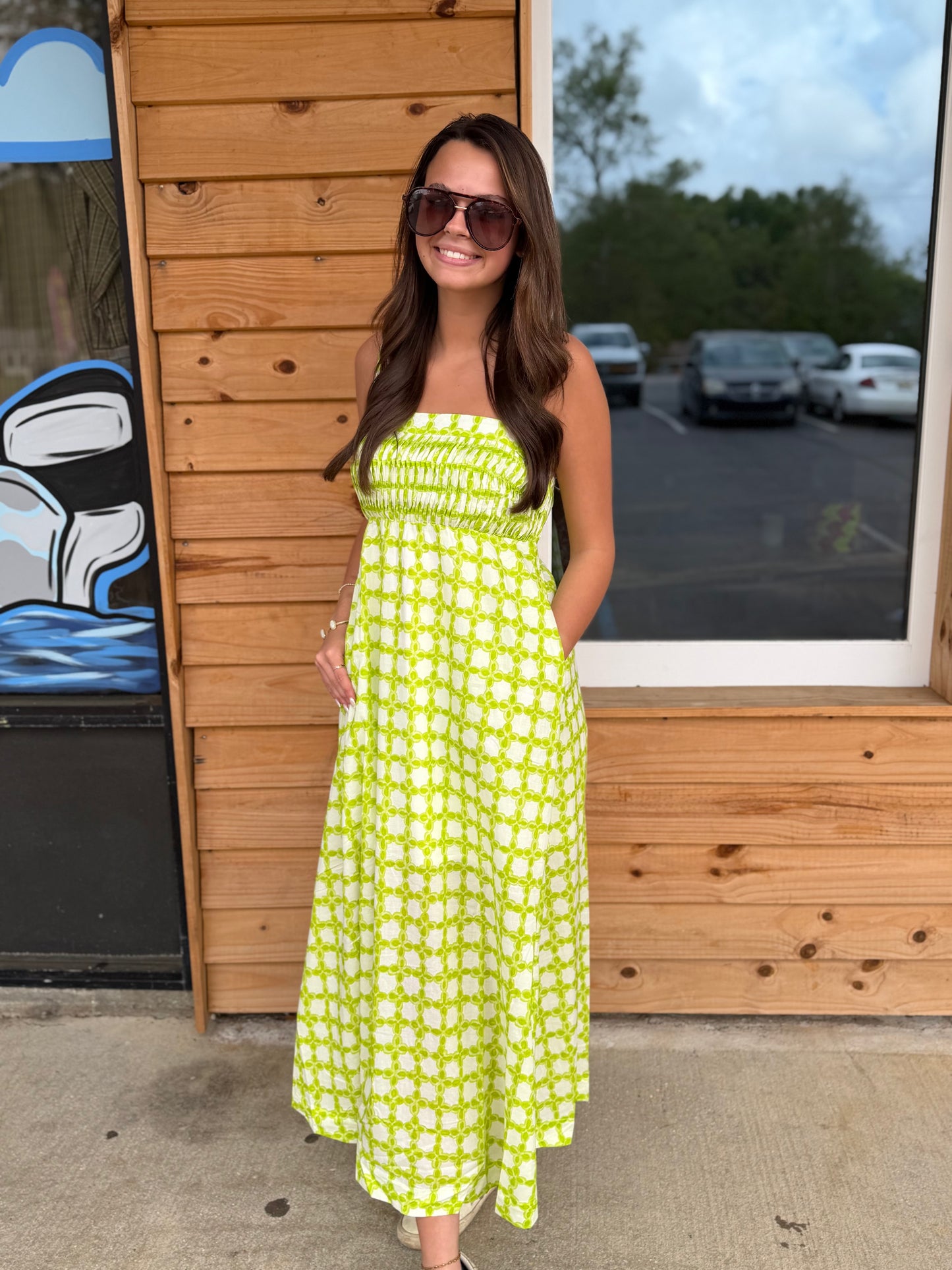 Chainlink Pintucked Sleeveless Midi Dress: Chartreuse Multi