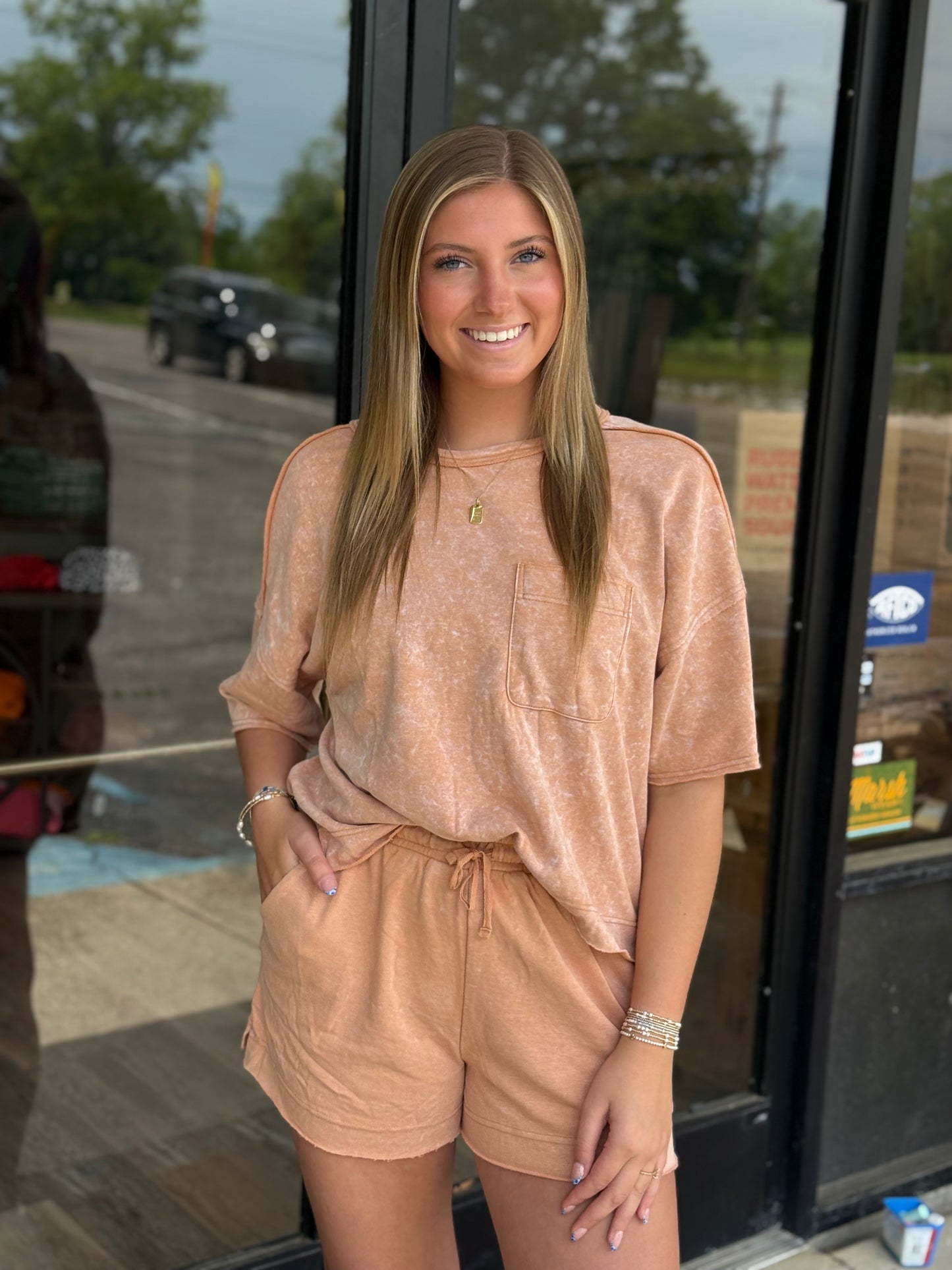 Mineral Washed Comfy Knit Top & Shorts Set: SALMON