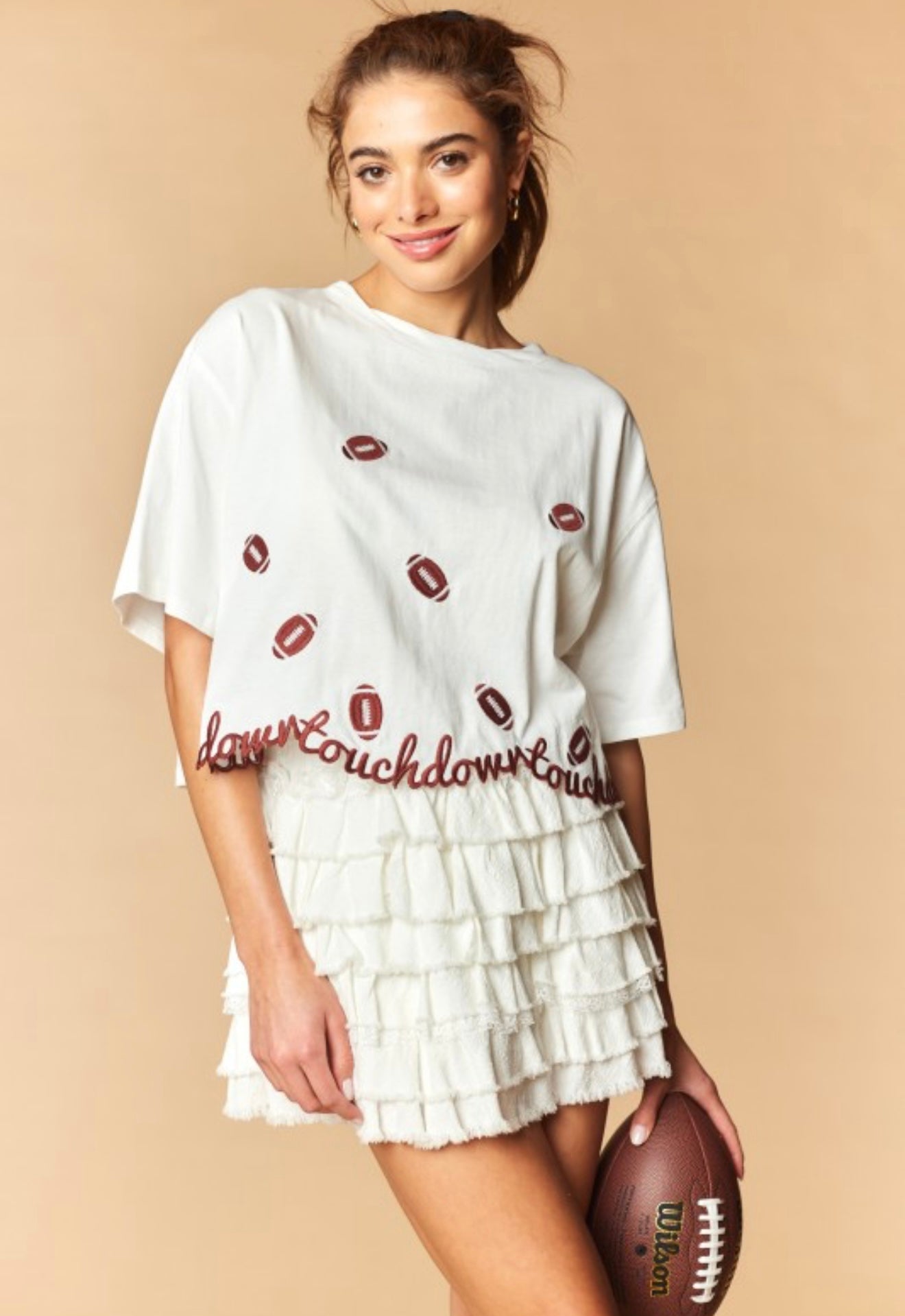 Touchdown Football Embroidery Cropped Tee - White