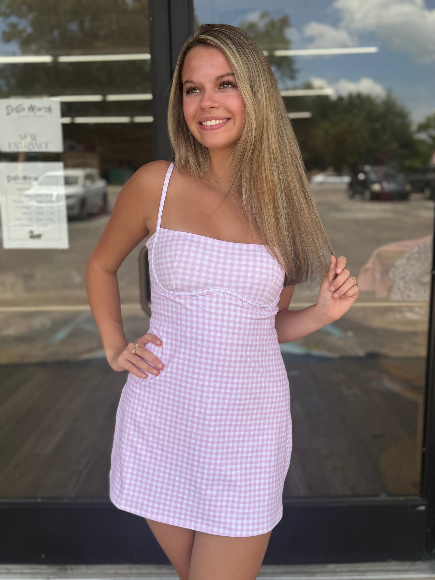 Gingham Print Sweetheart Dress: Pink Gingham - ETA 9/25/25