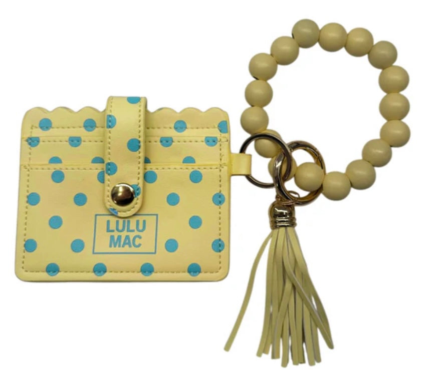 Lulu Mac BEADED WRISTLET ID WALLET Yellow/Blue Dot