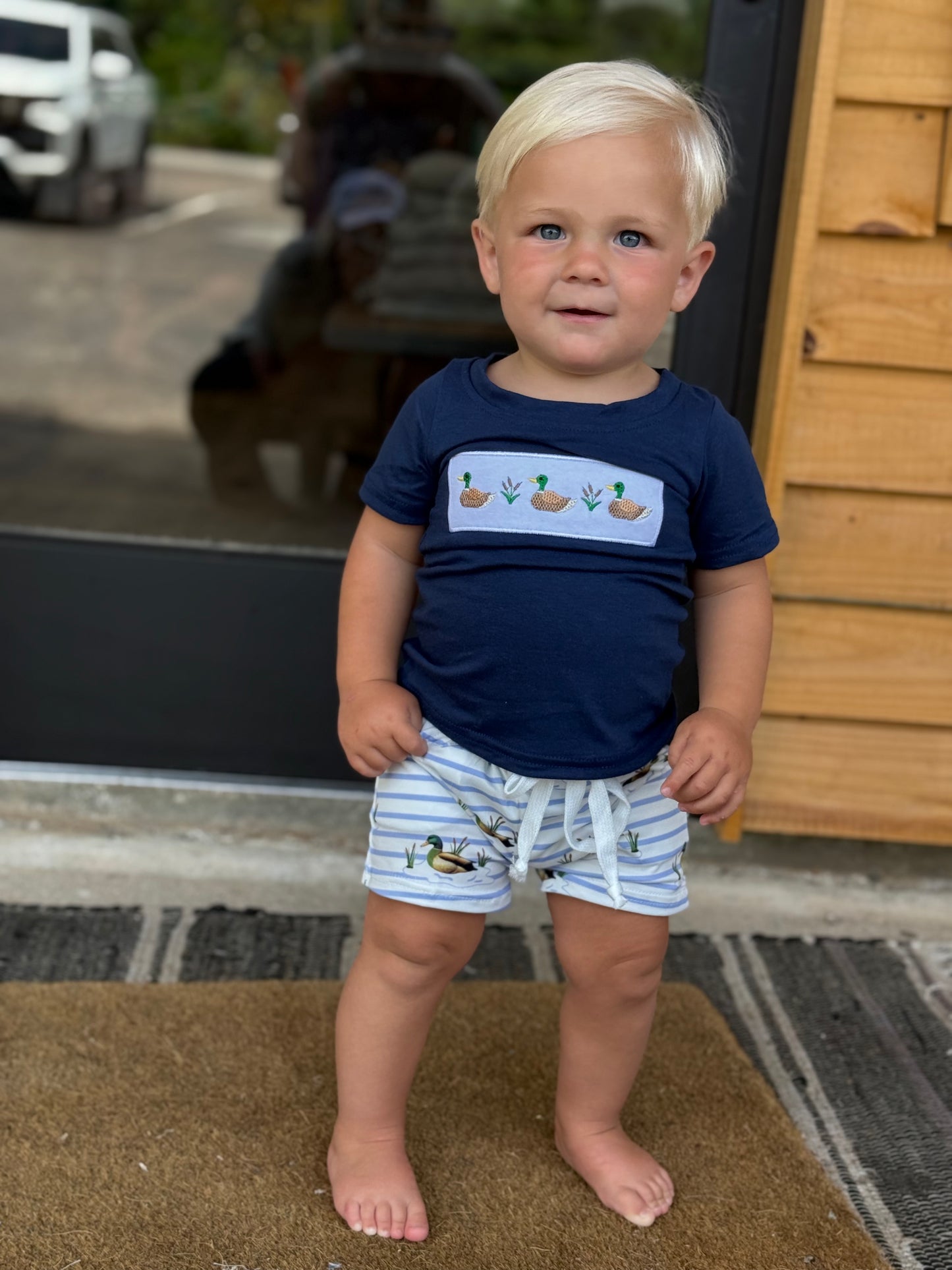 Short sleeves duck top stripe shorts kids boys clothing: Boy Set