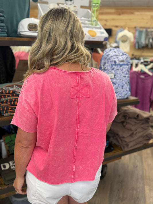 Washed Crew Neck Short Sleeve Crop Box Tee - Fuchsia - CTW - 3388A5