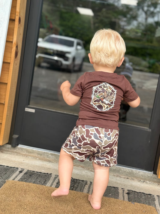 Brown camo duck top pocket shorts boys clothes