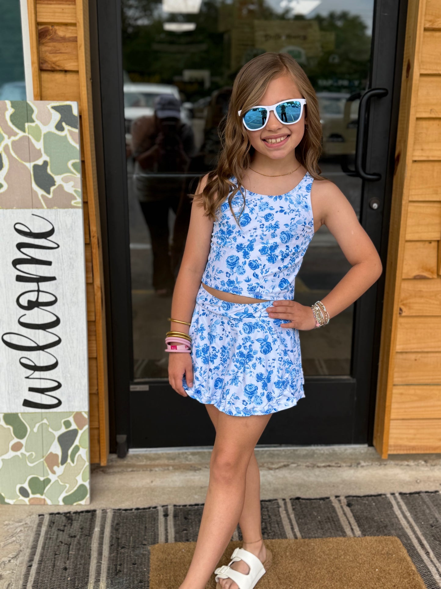 Sleeveless top & skirt girls summer clothes: Blue floral