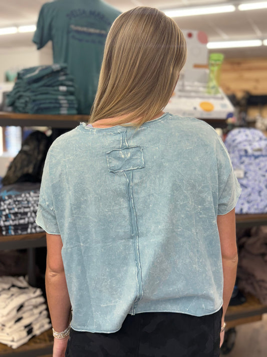 Washed Crew Neck Short Sleeve Crop Box Tee - Blue Grey - CTW - 3388A5