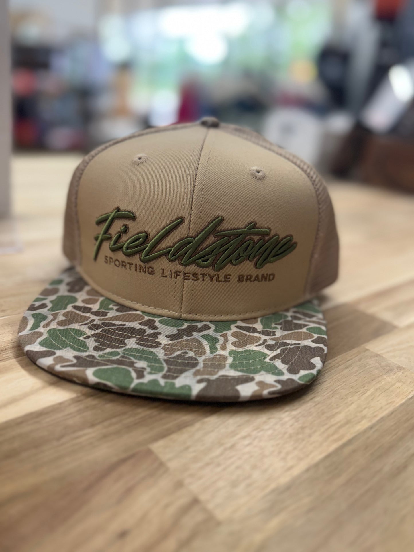 Fieldstone 6 Panel Script Logo Camo Bill hat (RH-155)