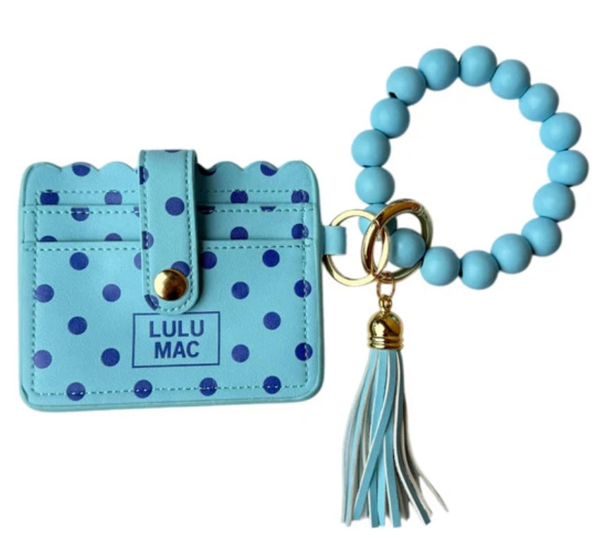 Lulu Mac BEADED WRISTLET ID WALLET Blue/Navy Dot