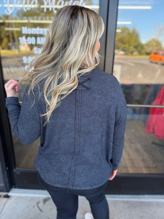 Washed Ribbed Dolman Sleeve Round Neck Top - Ash Black - RTW-8444A