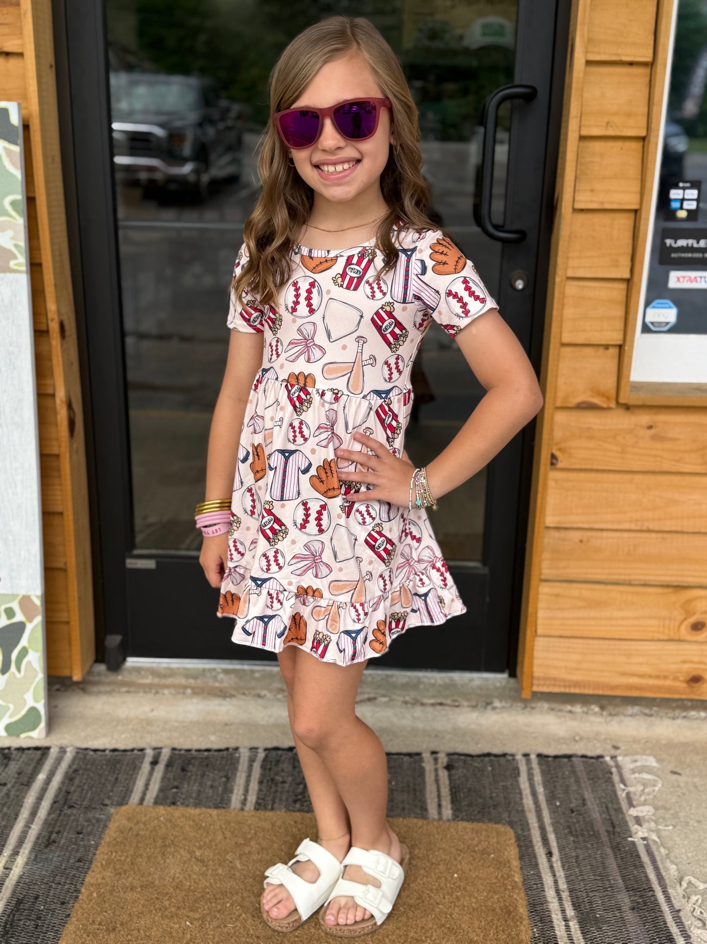 Short sleeves baseball bow baby girls ruffle dresses