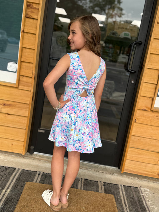 Sleeveless blue pink floral baby girls athletic dress