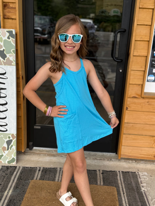 Relaxed Tank Dress with Built-In Romper Lining: Blue Aqua