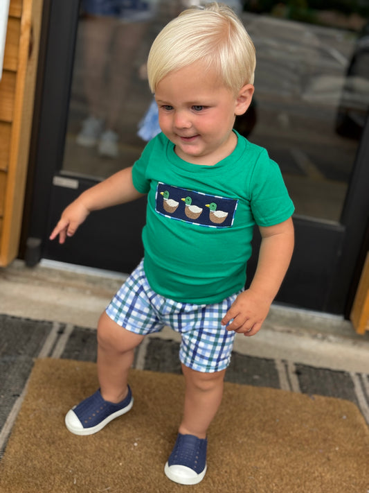 Green duck top plaid shorts boys clothes