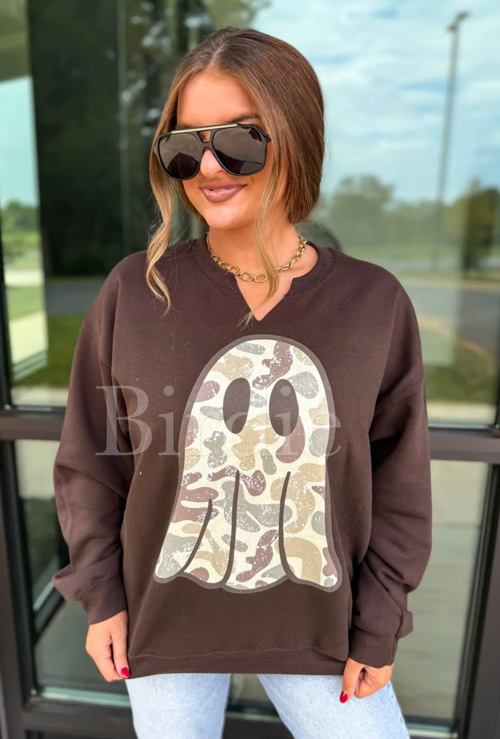 Camo Ghost Split Neck Graphic Crewneck on Dark Chocolate - ETA