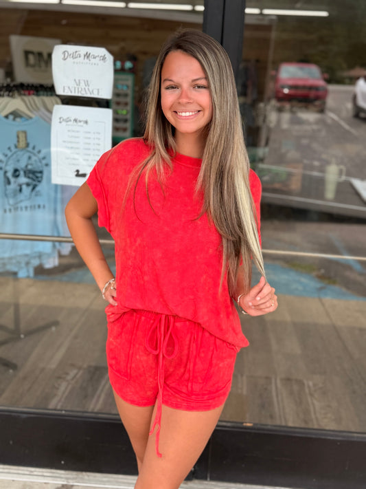 GAME DAY MINERAL WASHED TOP AND SHORTS RIB SET : RED