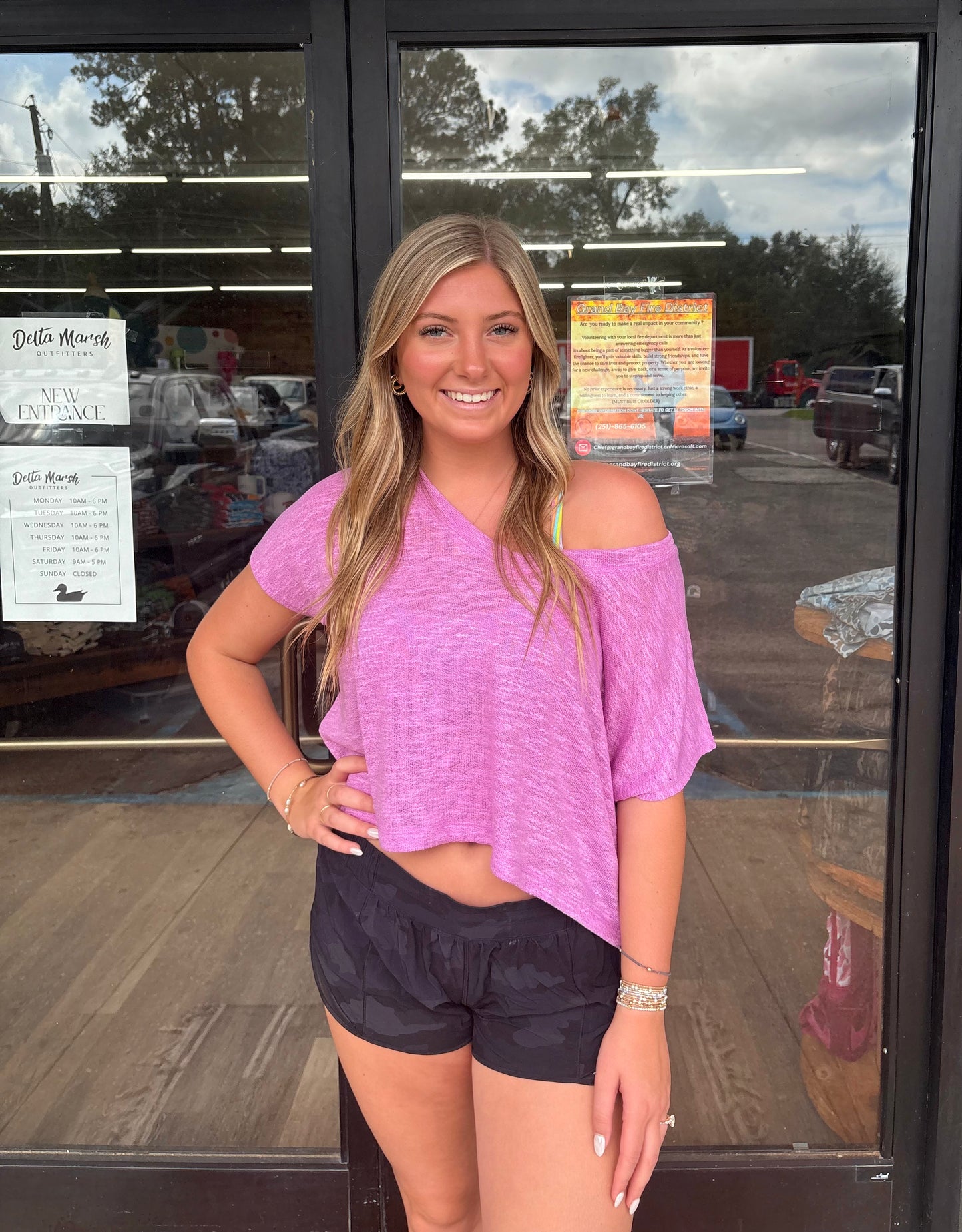 V-neck Drop Shoulder Slub Hacci Crop Top - Bright Mauve - HT - 2361Y