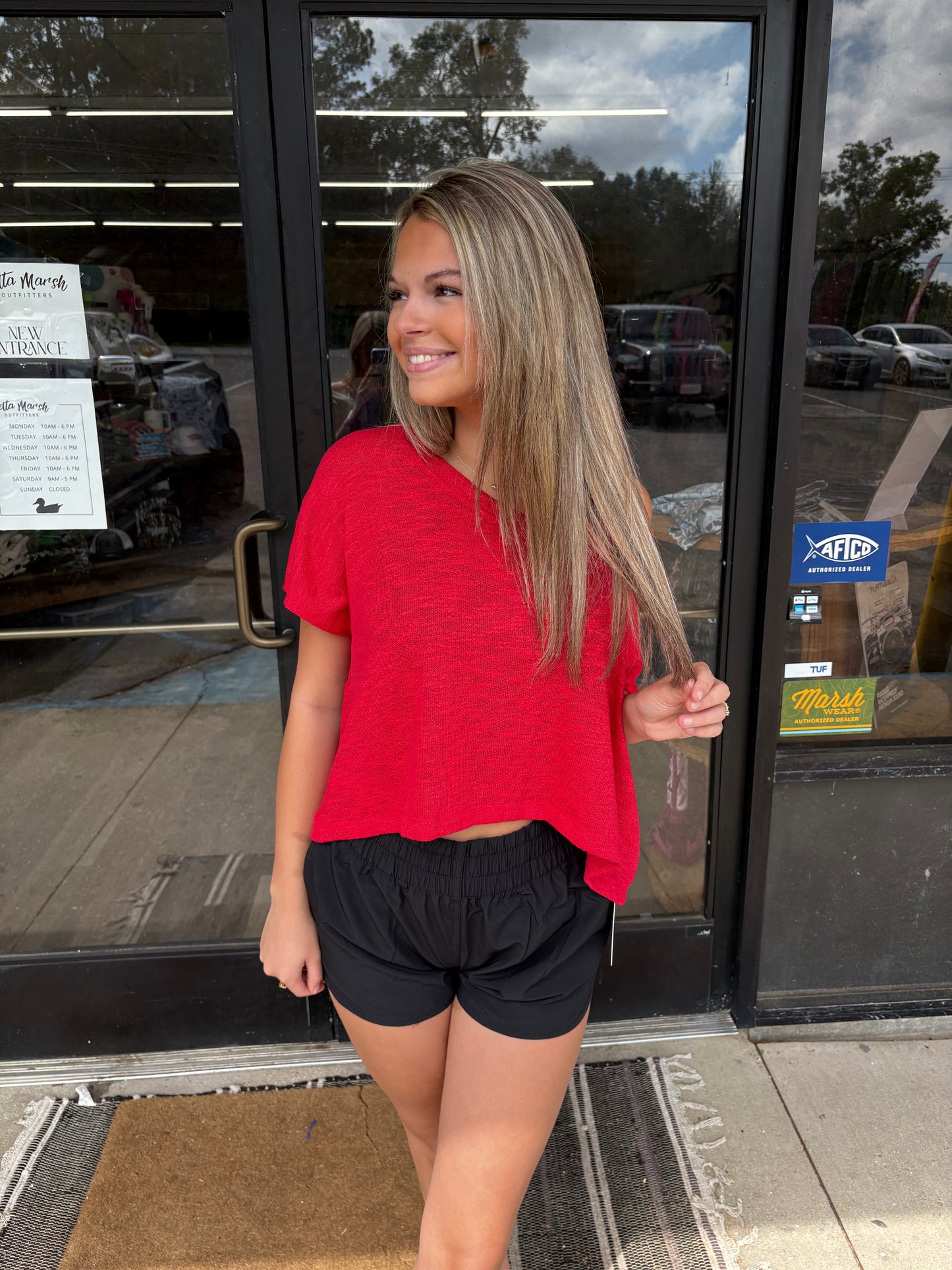 V-neck Drop Shoulder Slub Hacci Crop Top - Ruby - HT - 2361Y