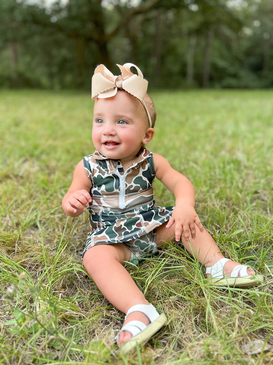 Brown camo sleeveless zipper athletic dress with shorts