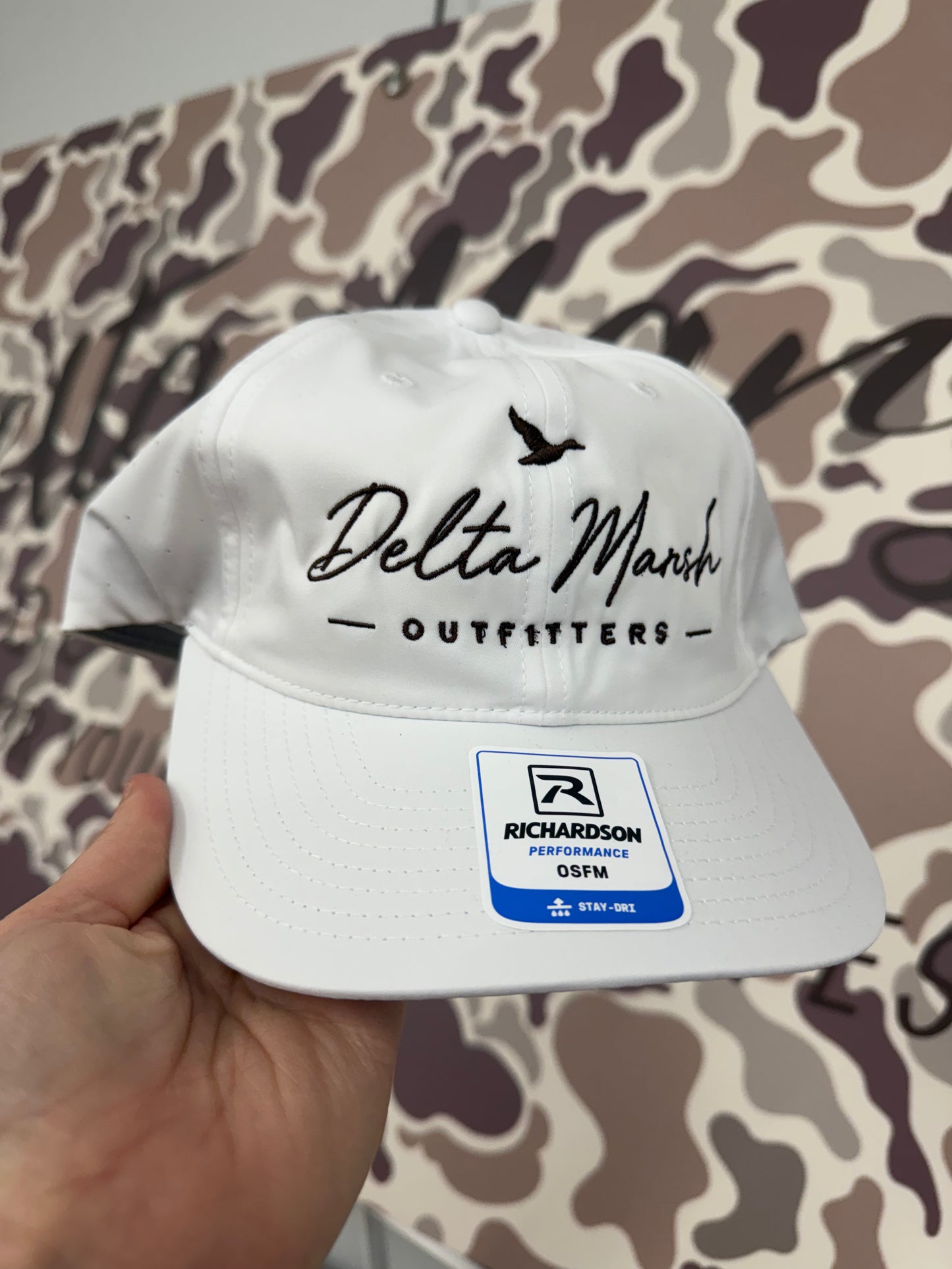 Delta Marsh Duck Script - Richardson - White Unstructured - Brown Embroidery
