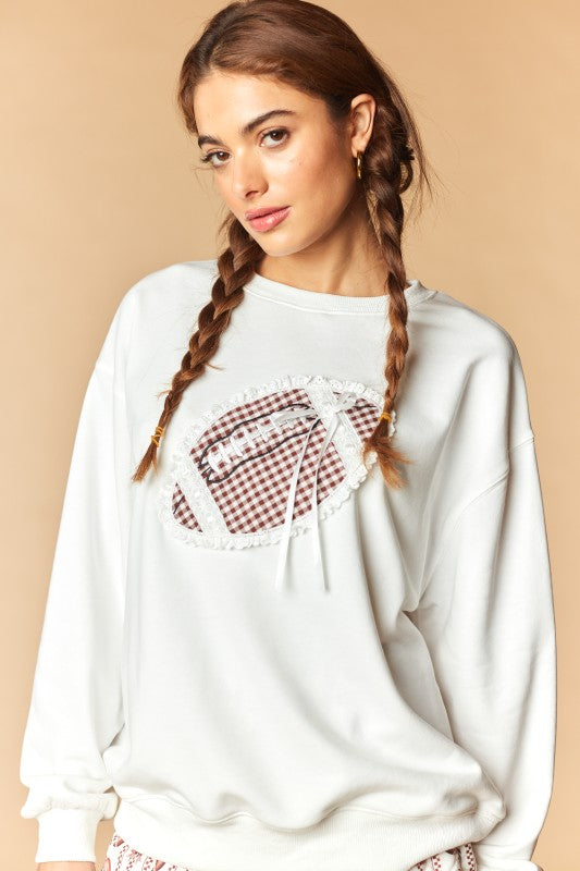 Touchdown Football Gingham Lace Patch Ribbed Sweatshirt