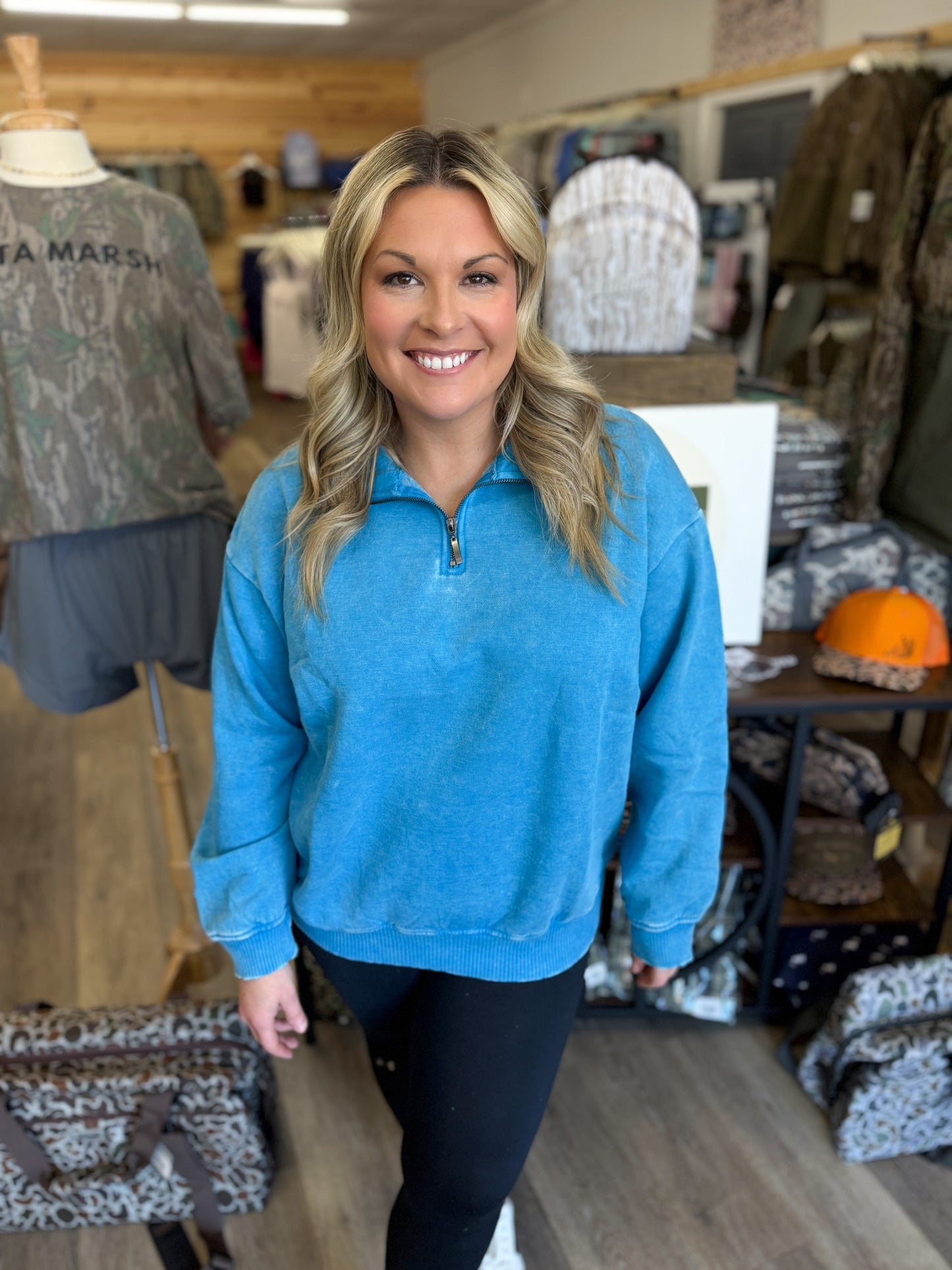 Acid Wash Fleece Half Zip Pullover - Deep Sky - OTW-4334Y