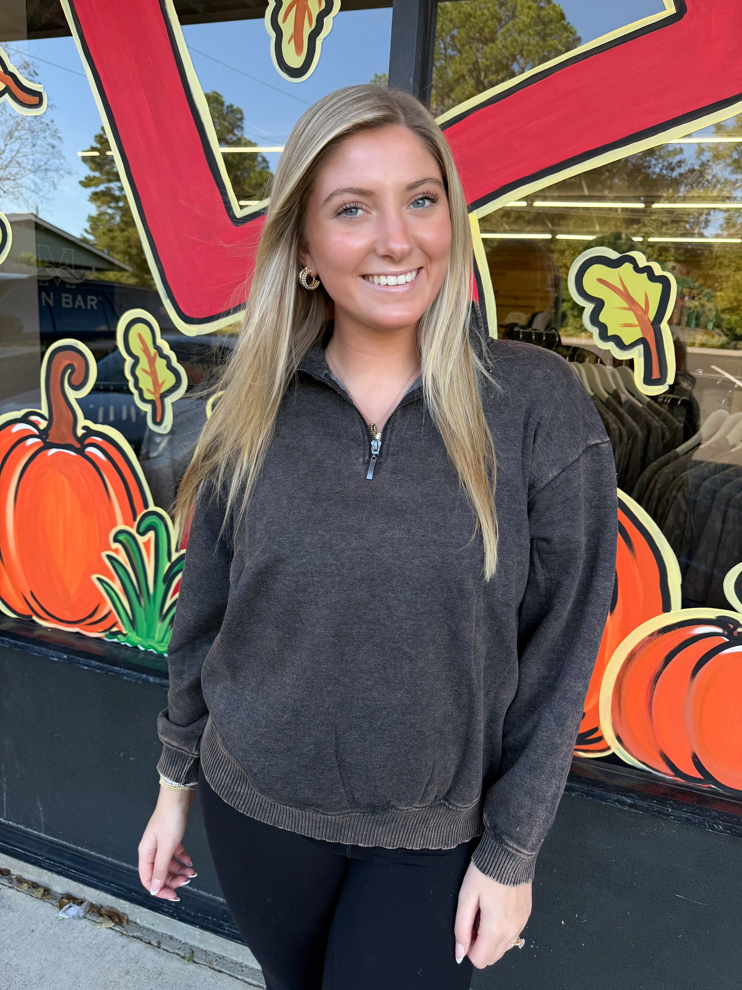 Acid Wash Fleece Half Zip Pullover - Ash Black - OTW-4334Y