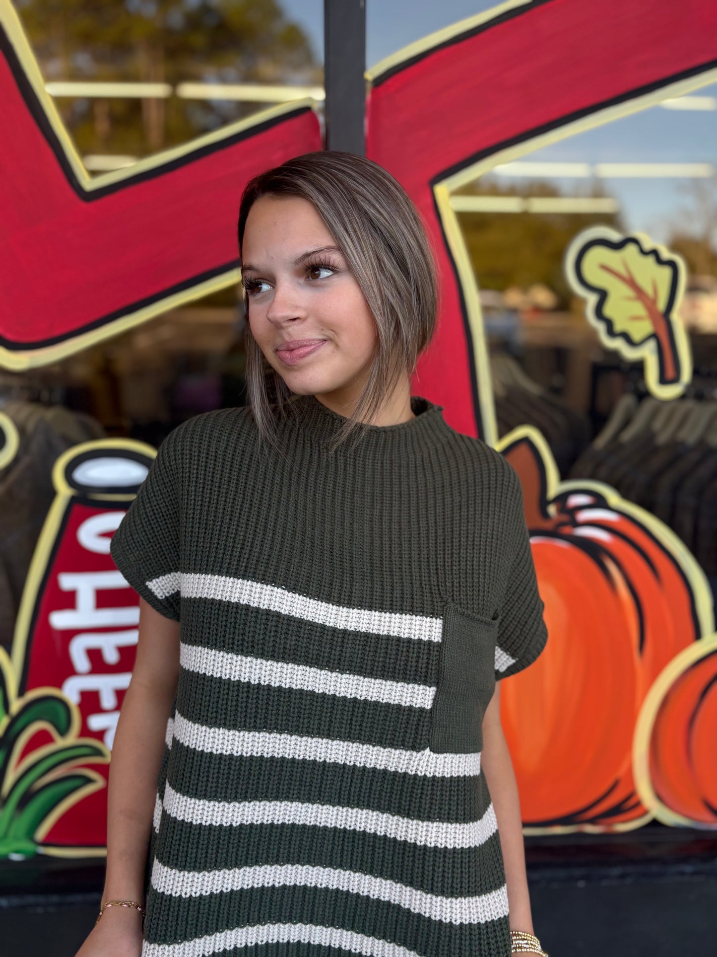 SHORT SLEEVE STRIPE SWEATER - DK Olive - TW- 2531Y