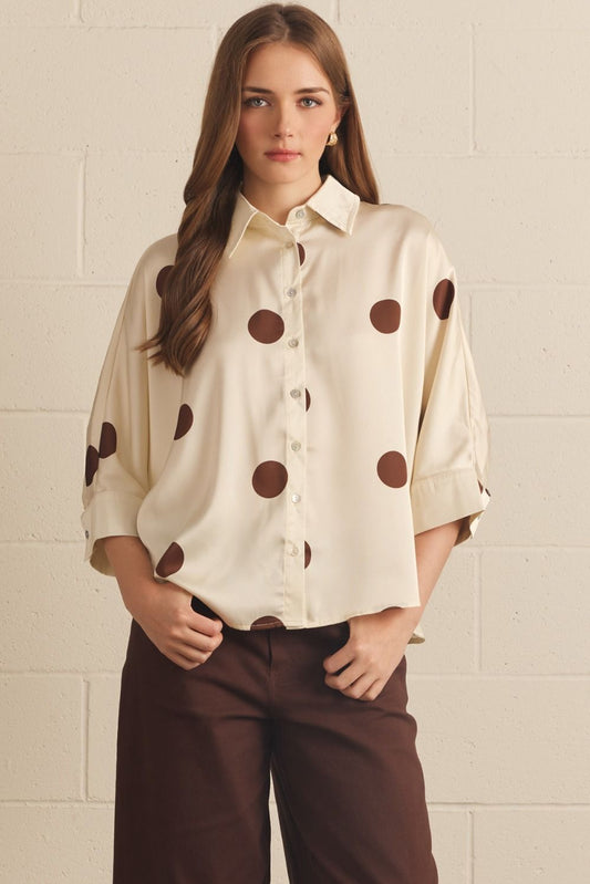 Polka Dot 3/4 Sleeve Button Down Top