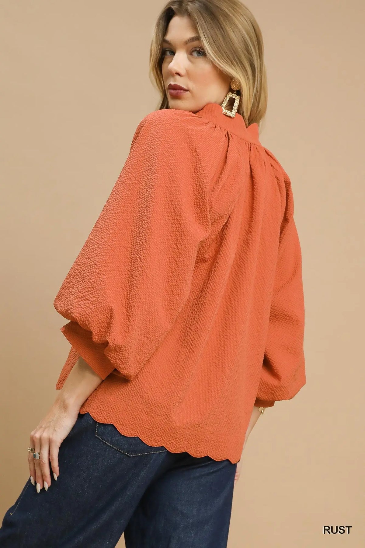 Split V Neck Top with Balloon Sleeves Rust