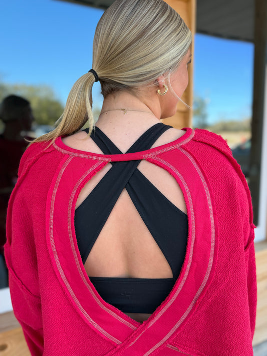 T2397 Overlap Open Back Oversize Fit Reverse Stitched Top: Crimson