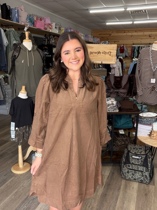 Corduroy Split Neck Puff Sleeve Shift Dress