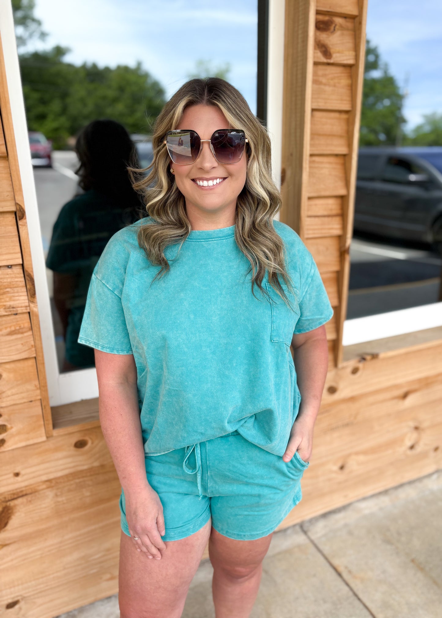 French Terry Acid Washed Relaxed Top & Short Set TTTPW 5372A3- LT Teal