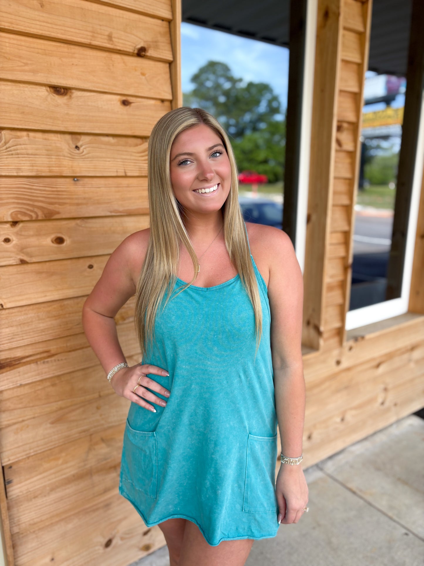 Acid Wash Mini Dress With Built-In Romper Liner - Turquoise - CS- 3405A5