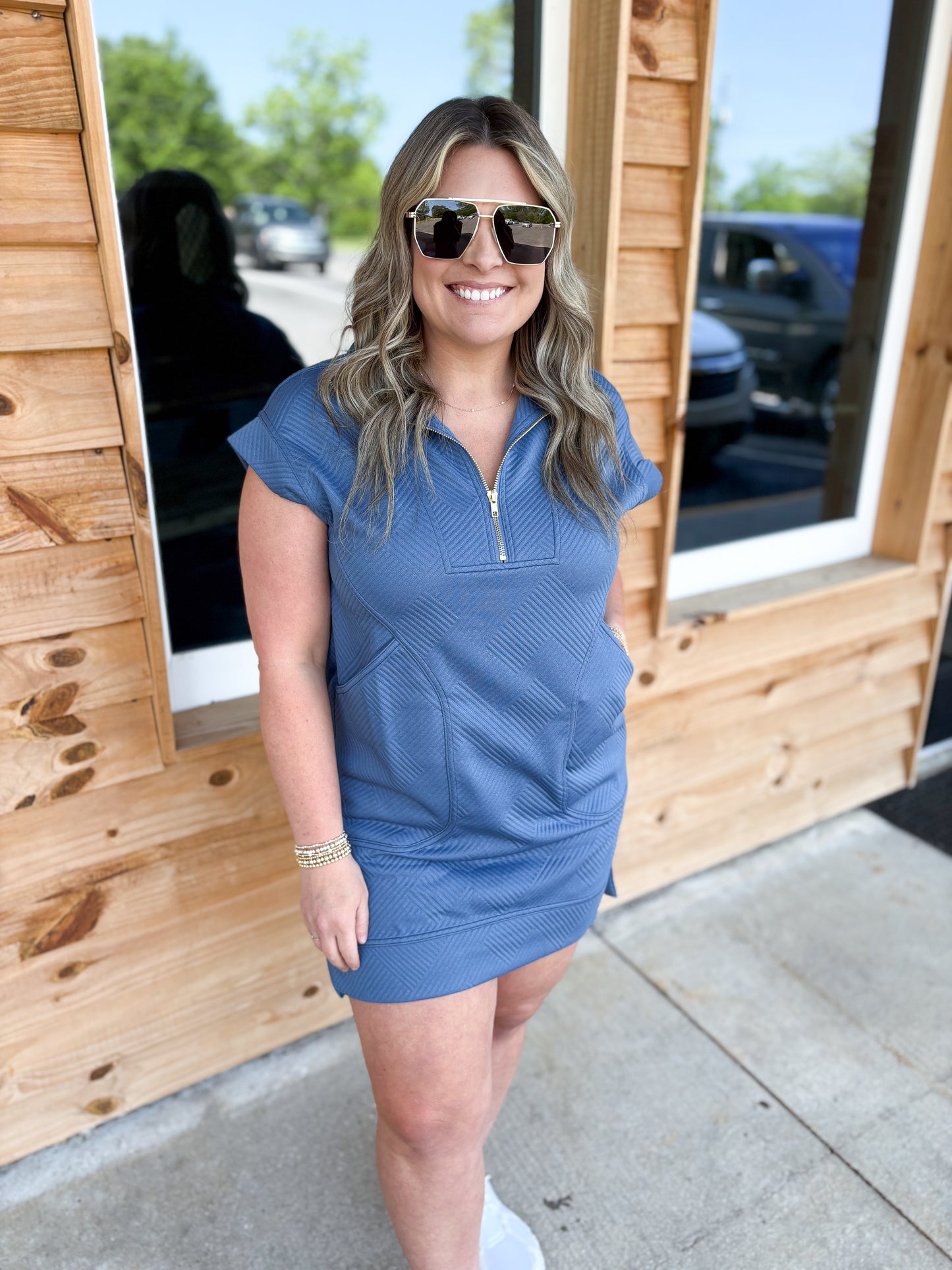 Dusty Blue Textured Knit Jacquard Quarter Zipper Mini Dress