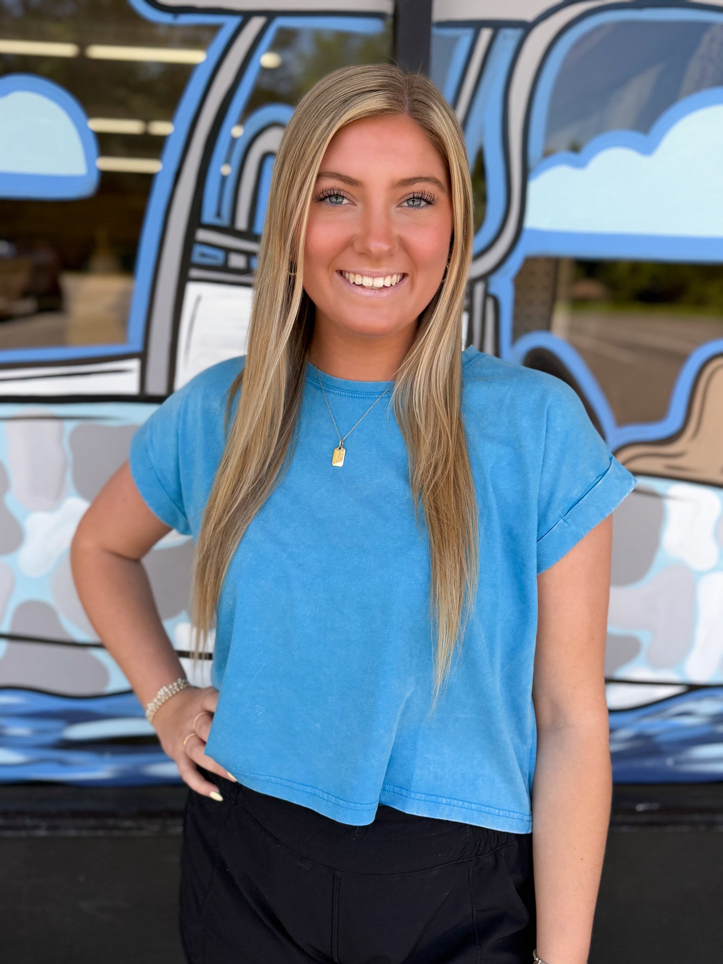 Washed cotton cuffed short sleeve top - Deep Sky - CTW - 3308Y