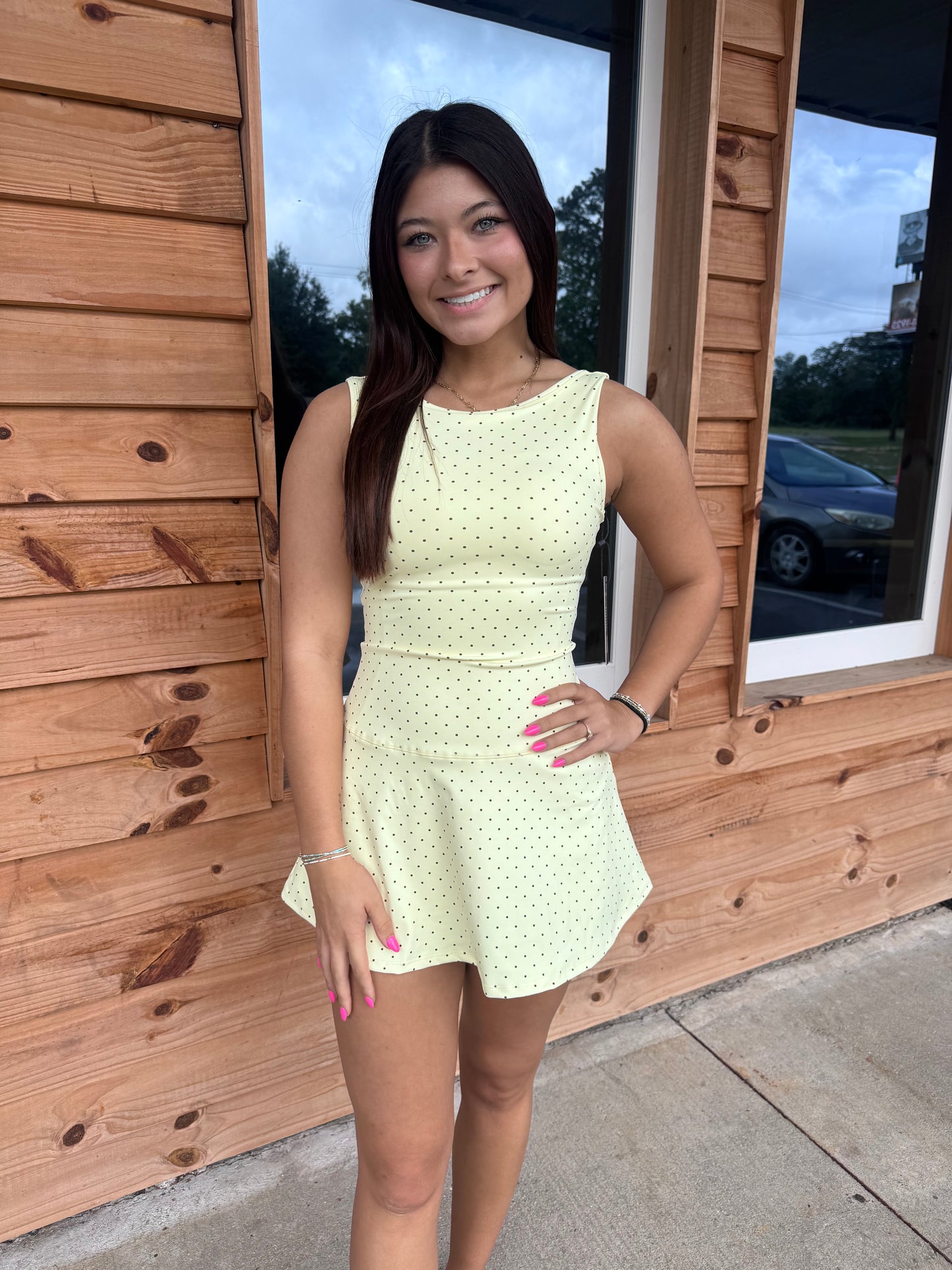 Polka Dot Print A-Line Mini Dress with Drop Waist: Lemon Polka Dot