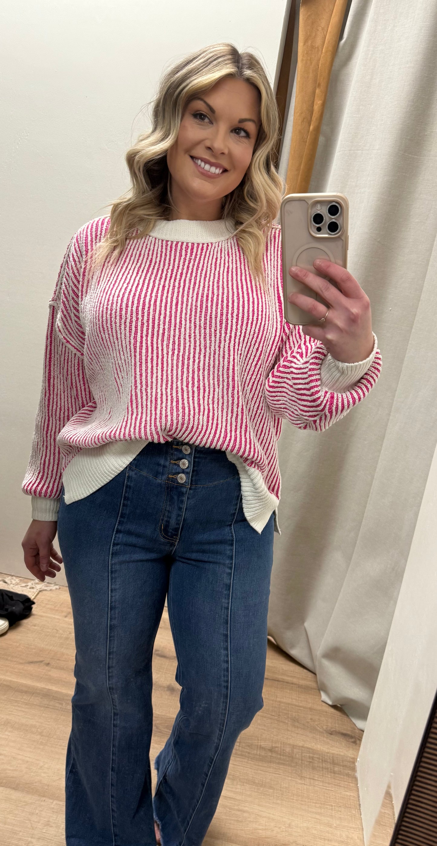Striped Textured Knit Contrast Edge Loose Sweater: Bright Pink