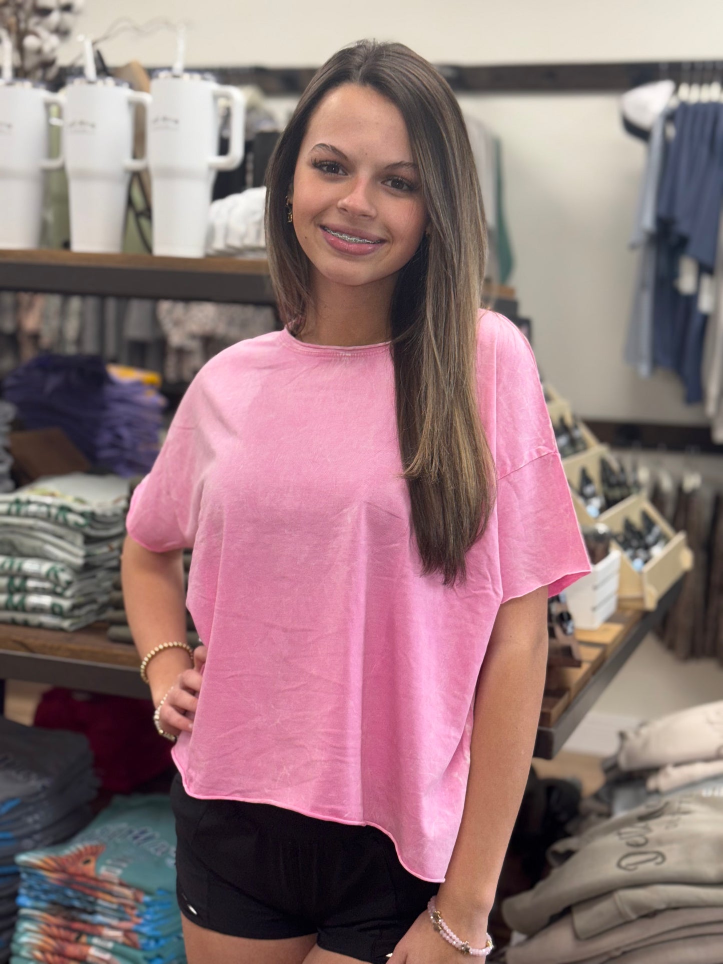 Washed Crew Neck Short Sleeve Crop Box Tee - Candy Pink - CTW - 3388A5