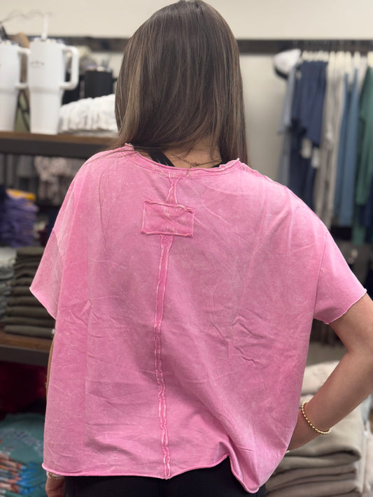 Washed Crew Neck Short Sleeve Crop Box Tee - Candy Pink - CTW - 3388A5