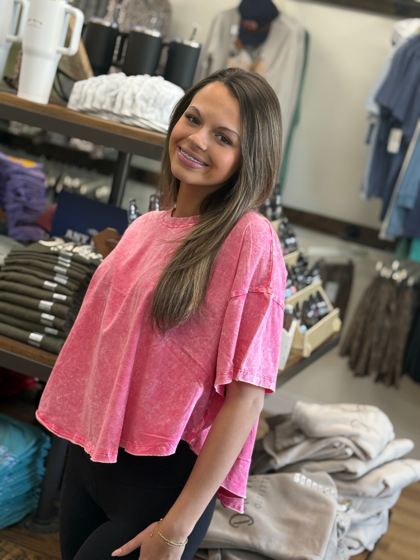 Crinkle Washed Cotton Round Neck Short Sleeve Top - Fuchsia - CTW-3353A5