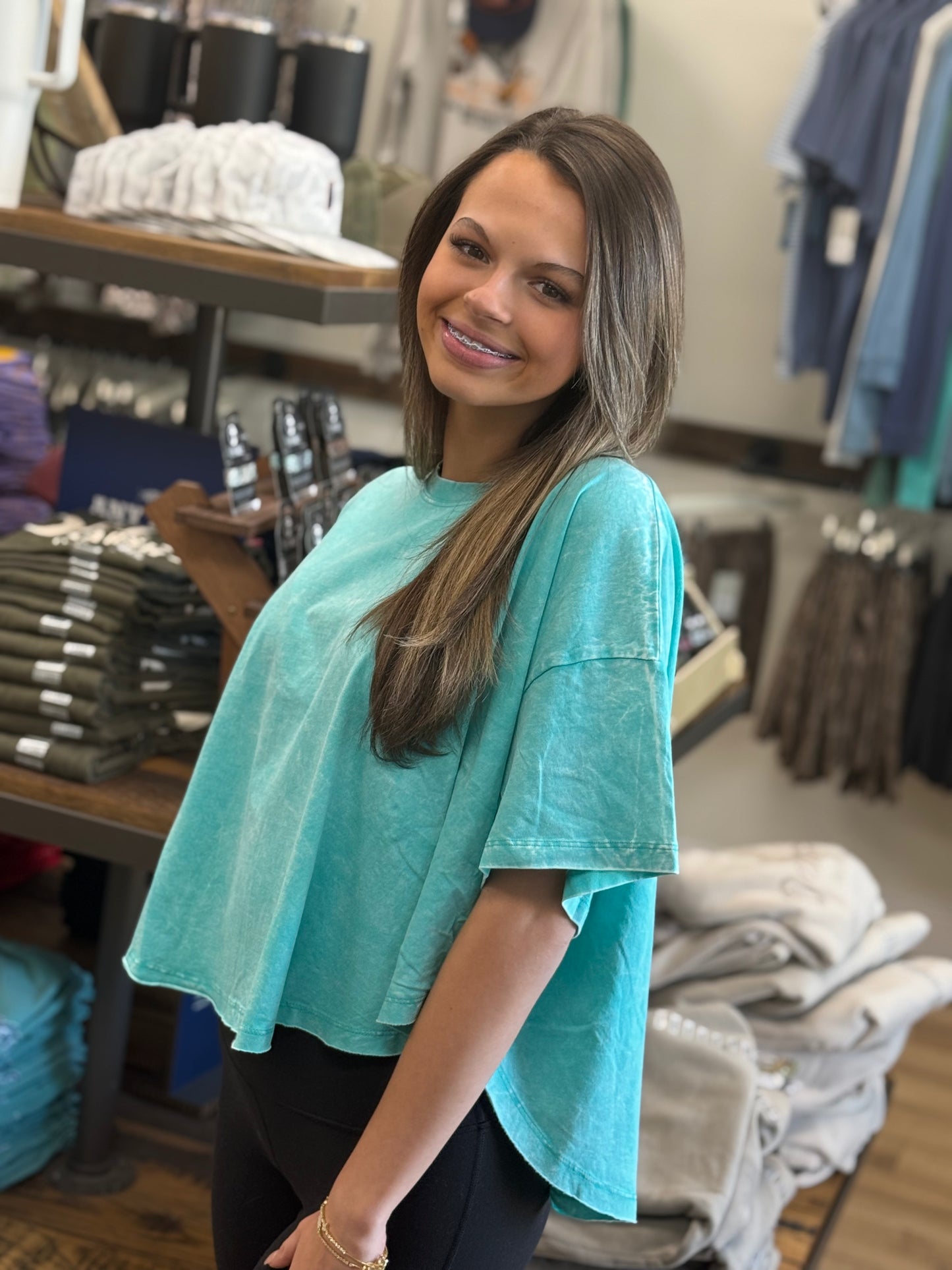 Crinkle Washed Cotton Round Neck Short Sleeve Top - Turquoise - CTW-3353A5